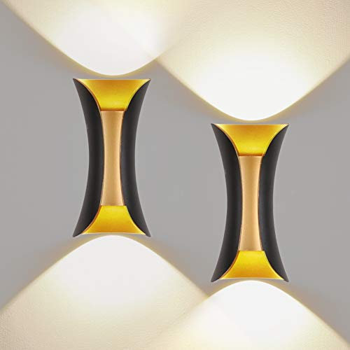 Klighten 2er Außenwandleuchte LED Wandleuchte Innen/Außen Modern Up Down IP65 10W Wandlampe aus Aluminium für Wohnzimmer Schlafzimmer Treppenhaus Flur Warmweiß 3000K, Schwarz & Gold