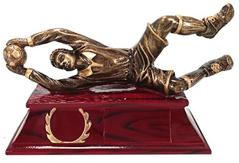 Henecka ⚽️ Fußball-Pokal, Resin-Figur Torwart Trophäe, Bronze, altgold & Sockel DKL.-rot, mit Wunschgravur & individuellem Sportemblem