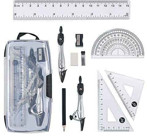 Vicloon Compasso Set, 10Pcs Geometry Kit, Bussola per Matematica Set con Righelli, Goniometro, Bussola, Disegno, Matita, Piombo Ricariche, Gomma, Temperamatita per Studenti e Insegnanti