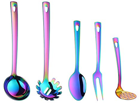 Buyer Star Rainbow Edelstahl-Kochutensilien-Set, 5-teilig, 18/0 Servierset, hochglanzpoliert, Küchenutensilien-Set, spülmaschinenfest, Salat, Löffel, Gabeln, Nudelheber, Kartoffelstampfer