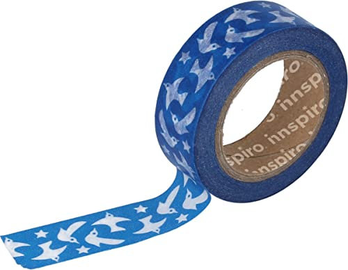INNSPIRO Ruban masking tape Washi oiseaux bleu 15 mm x 10 x m. Série outre-mer