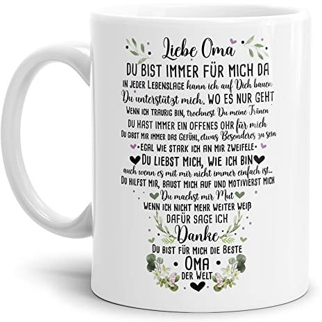 Tasse mit Spruch für Oma - Danke Oma - Geschenk für die Beste Oma - Keramik Weiß, 300 ml