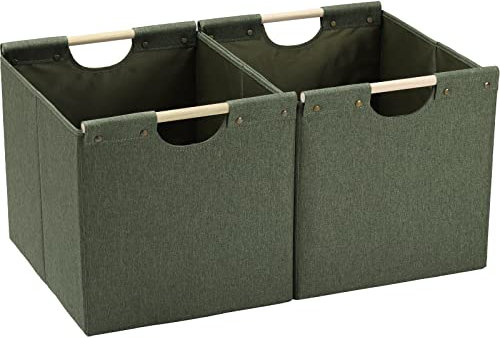 HOONEX Large Collapsible Storage Bins, Linen Fabric, Pack of 2, Storage Baskets with Wooden Carry Handles and Sturdy Heavy Cardboard, for Home, Office, Car, Nursery, Olive