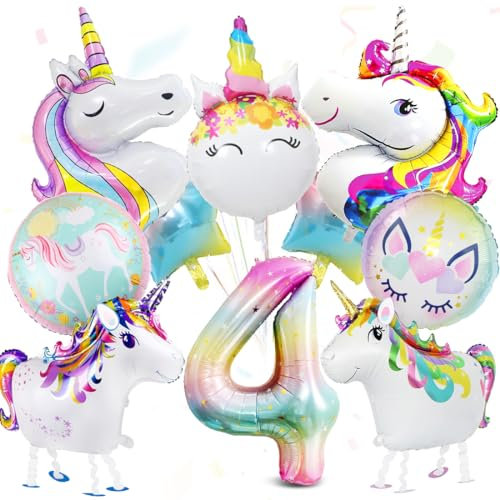 12 Stück Einhorn 4 Geburtstag Deko, Einhorn Luftballons, Zahl 4 Folienballon, 4 Jahr Einhorn Folienballon Deko, Geburtstagsdeko 4. Mädchen, Einhorn Themen Ballons für 4 Jahre Mädchen Geburtstag Party