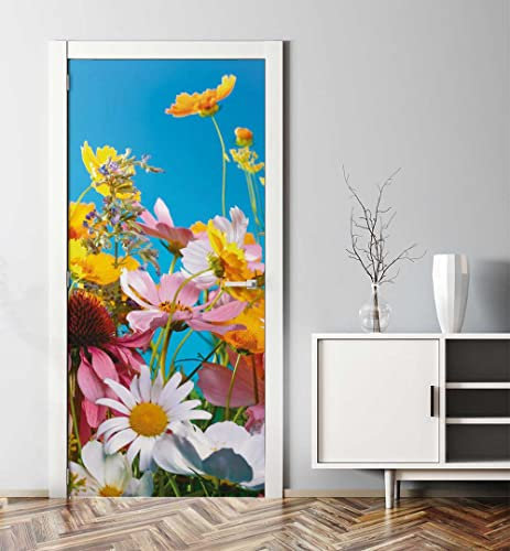 MyMaxxi - Tür bekleben mit Türtapete Türposter Türfolie Selbstklebend 90x200 Sonniges Blumenfeld - Tür verschönern Türaufkleber Türklebefolie Pflanze Blüte Sonne Mehrfarbig