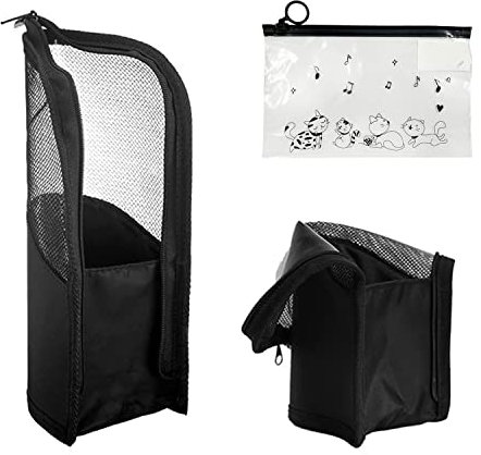 Make-up-Pinsel-Tasche, wasserdichter vertikaler Reißverschluss, Aufbewahrungsbox, Reise-Waschtasche, multifunktionales Federmäppchen mit 1 Stück Reißverschluss-Aufbewahrungstasche (schwarz)