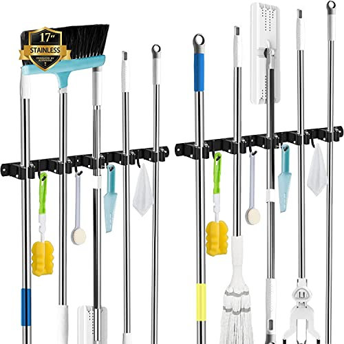 AceMining Besenhalterung Wand, 5 Halter + 4 Haken 2Pack Schwarz Schwerlast Gerätehalter Selbstklebend, Besenhalter mit Nails Installieren, Gartengerätehalter aus Edelstahl, Wandhalterung Besen