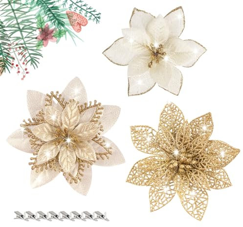 Agoer 24 Stück Glitter Weihnachten Blumen, 15cm künstliche Blumen Christbaumschmuck, Gold Glitzer Weihnachtsblumen für Weihnachtskranz Weihnachtsbaum Ornaments Haus Haupteingang Tür Dekoration