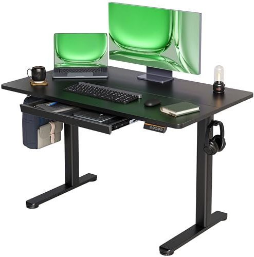 Claiks Höhenverstellbarer Schreibtisch 120x60cm mit Schublade, 80kg Tragkraft Elektrisch Schreibtisch Höhenverstellbar mit 3-Funktions-Memory und 2 Kopfhörerhaken, Standing Desk with Drawer, Schwarz