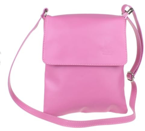Girly Handbags Bolso bandolera italiano de piel suave para mujer con cremallera y solapa Fucsia claro