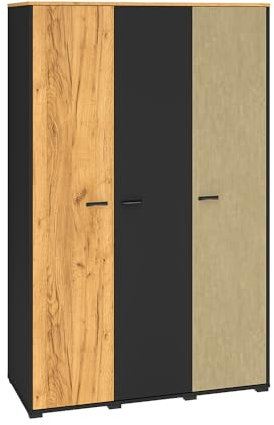 Lomadox Kleiderschrank 3-türig, schwarz mit Eiche und Sandfarben