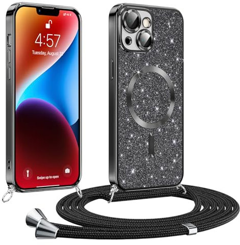 Phoona handyband Hülle für iPhone 14 Plus mit Band, Glitzer Handyhülle Kompatibel mit MagSafe, Ganzkörperschutz Kratzfeste Stossfest Schutzhülle mit Einstellbar Kette, Schwarz