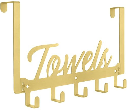Azmoncy Over The Door Hooks - Heavy Duty Towel Rack with 5 Coat Hooks for Bedroom Kitchen, Gold Bathroom Decor