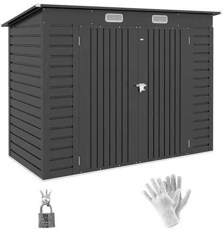 Outsunny Gerätehaus 4,1m³, Metall Gartenhaus mit Pultdach, 249 x 121 x 166/183 cm, Einfach Montage Geräteschuppen mit Abschließbar Doppeltüren, Fenster, Fahrradgarage, Gartenschrank für Garten, Grau