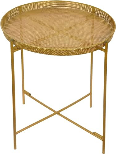Trendi® Round/Metal Folding/Side Table Tray Top Light/Portable/Coffee/Night Stand (Perforated Gold)