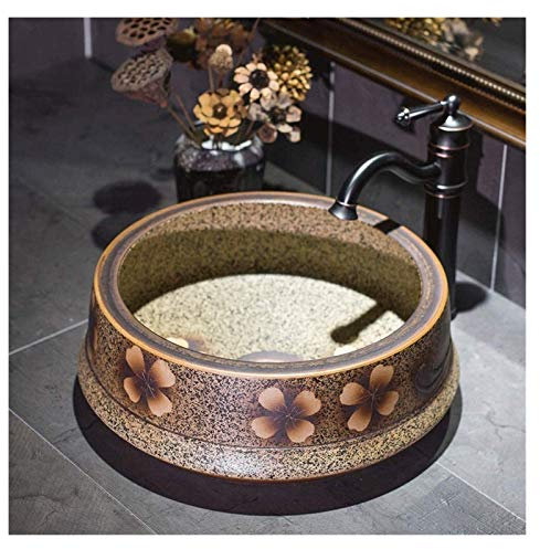 Meuble sous-Vasque avec lavabo, lavabo de Salle de Bain, lavabo de comptoir, lavabo Rond Marron au-Dessus du comptoir en Porcelaine céramique, lavabo de Salle de Bain, lavabo de la