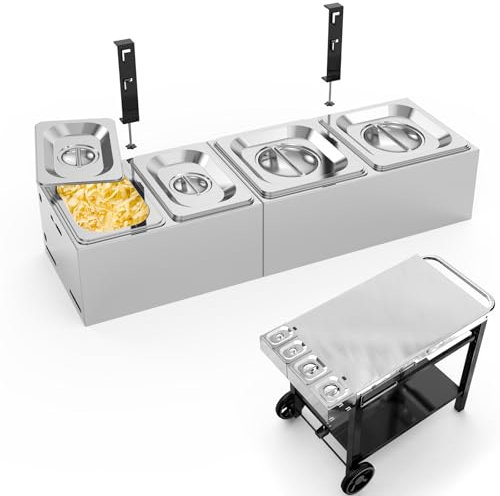 BBQMall Pizza Topping Station for Grill Cart, Universal Condiment Serving Container for Outdoor Grill Stand, Stainless Steel Seasoning Containers with Lid, 4 Compartment Trays for Prepping Ingredients