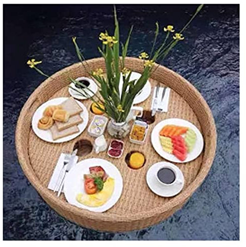 EsEntL Luxuriöses schwimmendes Serviertablett für den Pool, Tabletttisch, 60 x 15 cm, schwimmendes Serviertablett für Tisch und Bar, wasserdichtes schwimmendes Frühstückstablett aus gelbem Rattan,