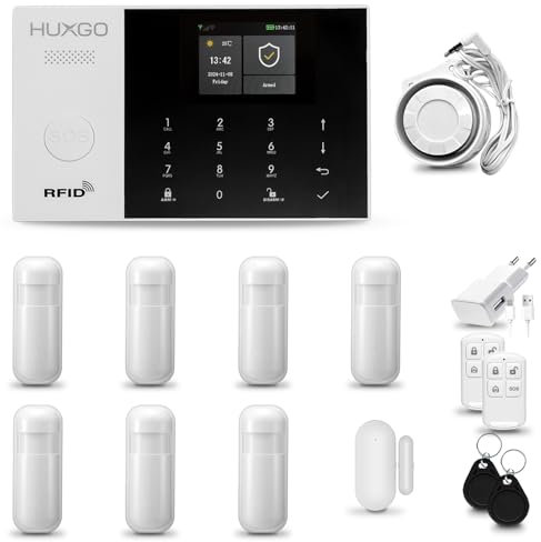 HUXGO® HXA005 Alarmanlage Haus WiFi + GSM mit Sirene | Tuya Smartlife App | Alarm System mit Drahtloser Fenstersensor, 7X Bewegungsmelder | Alarmanlage für Wohnung, Garage