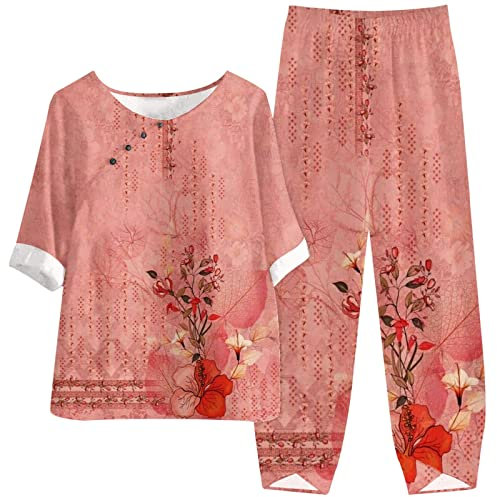 FGUUTYM Produktname: Zweiteiliges Set aus Oberteil und Hose mit Blumenmuster und elastischer Taille für Damen Arbeitsoverall Damen Winter (Red, XL)