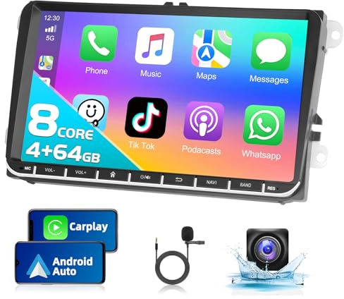 Podofo 4+64G Radio Coche para VW Golf 5 6 Polo Seat Skoda Caddy Touran Passat B6 con Carplay Inalámbrico, Radio Android 9 Pulgadas con Pantalla, Bluetooth, WiFi, GPS + Cámara Trasera y Micrófono