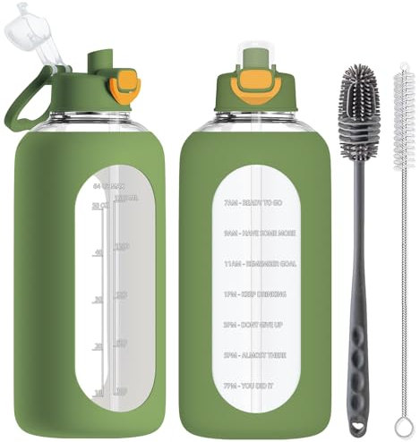 RNCKUUE 2 Liter Trinkflasche aus Glas, 2l Glasflasche, Wasserflasche Glas mit Strohhalm, Flaschenbürste, Grün