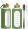RNCKUUE 2 Litre Glass Water Bottle With Straw, 2l Large Borosilicate Glass Drinking Bottles With Sleeve, Brush, Green