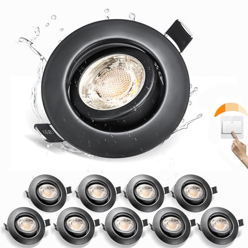 Karyoosi 10er LED Einbaustrahler Schwarz 7W 600LM, LED Spot 2800K Warmweiß, 3 Stufen Dimmbar Einbauleuchten Flach, IP44 Bad Einbauleuchten Deckenspots Deckenstrahler, AC220-240V