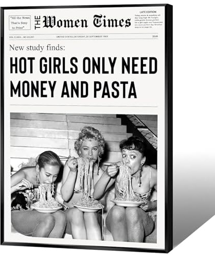 Kunstdruck auf Leinwand, Vintage-Stil, Schwarz und Weiß, Motiv: kleine Frauen, lustig, Zeitungsraum, ästhetisch, flippig, italienische Küche, Girly-Dekoration, Hot Girls York News Only Need Money And