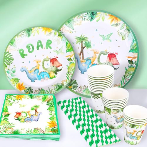 Vaisselle de Fête Dinosaure, Ensemble de Fête D'anniversaire pour Enfants, Dinosaures, Vaisselle D'anniversaire Dinosaure 100 Pièces, Assiettes en Carton, Gobelets, Serviettes, Pailles (20 convives)