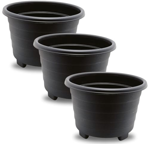 SIDSONS Large Sleek Black Planter 39cm - Plastic Plant Pots, Indoor Flower Pot, Outdoor Garden Patio Planters, Marked Drainage Hole, Round Planter With Feet, Herb Plant Container (3, 39cm Sleek Black)