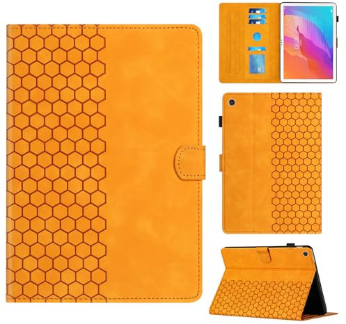 Rosbtib Funda para Huawei MatePad T10S 10.1 AGS3-L09 AGS3-W09/MatePad T10 9.7 AGR-L09 AGR-W09 con Soporte y Ranura para Tarjetas, Funda de Piel sintética con patrón de Textura Hexagonal, Naranja