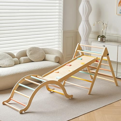 Giant bean 5-in-1 Montessori Kletterdreieck mit Kletterbogen und Rutsche, Holzdreieck für Kleinkinder ab 3+, Indoor Kletterspielzeug, Bunt, L
