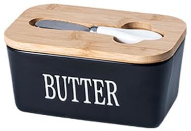 Black Ceramic Butter Dish with Lid and Knife – 350ml Airtight Butter Keeper for Spreadable & Block Butter – Modern Butter Container for Countertop & Fridge