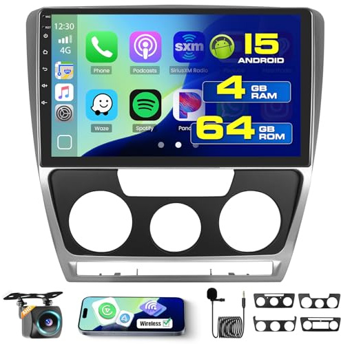 Roinvou 4+64G Radio Android 2DIN 10'' para VW Skoda Octavia 2007-2014 | Carplay Inalámbrico Android Auto, MirrorLink Bluetooth WiFi GPS 32EQ RDS/FM SWC Cámara, Pantalla Radio Coche