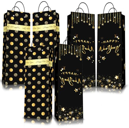 6Pcs Black and Gold Bottle Gift Bag, Reusable Kraft Paper Wine Gift Bag bulk with Handles, Strong New Year Wine Bottle Bags, Wine Bags for New Year Christmas Winter Holiday Party Supplies