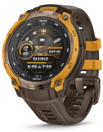 Garmin Instinct Crossover AMOLED, robusto smartwatch ibrido GPS con lancette analogiche e display AMOLED luminoso, bronzo/sunburst con cinturino in silicone cacao