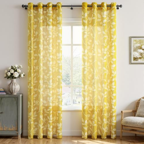 CUTEWIND Vorhang Durchsichtig Voile Kinder Gardinen Kinderzimmer mit Ösen Gelb 2er Set 225 cm Höhe 140 cm Breite, Gardine Moderne Vorhänge mit Weißen Blätterdrucken Muster für Fenster