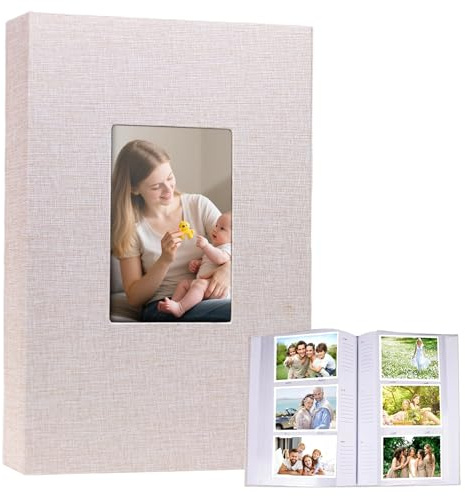 Album de Fotos 300 Bolsillos,Álbum de Fotos 10x15cm con DIY Ventana Frontal | Cubierta de Lino Álbumes Insertable, Escribible, Albumes Foto 10x15cm para Familias Bodas Viajes Bebés (Beige)