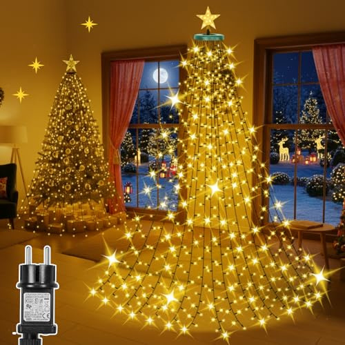 PLODAXE Christbaumbeleuchtung mit Ring und Stern, 3m 490 LEDs Lichterkette Weihnachtsbaum Beleuchtung mit 8 Modi Timer, LED 16 Stränge, für 220cm bis 350cm Groß Tannenbaum, Warmweiß