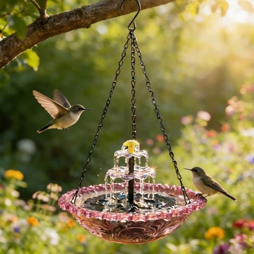 GZWY Solar Vogeltränke Hängend mit Springbrunnen, Solar Kaskaden Außen Hängende Vogeltränke mit Fließendem Wasser, Vogelbad mit Metallketten zum Aufhängen für Garten, Hof und Terrasse (B)