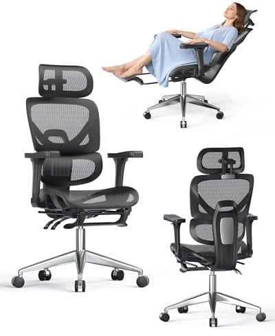 naspaluro Sedia Ufficio Ergonomica, Sedia da scrivania Braccioli 3D Poggiatesta Schienale Alto Rete, Supporto Lombare, Poggiapiedi, Sedia Girevole Computer per Casa Ufficio, Lavoro e Gaming-Nero