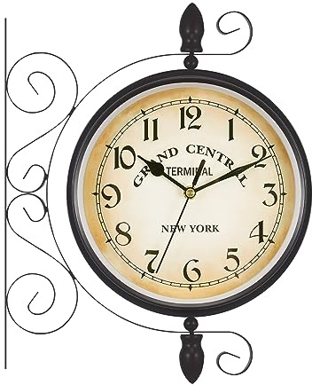 H-YEEU Retro Bahnhofsuhr Wanduhr – Doppelseitige Hängende Vintage Uhr mit Quarzwerk, Antiker Look für Café, Wohnzimmer & Flur (38x33.5x9cm, Kaffee)