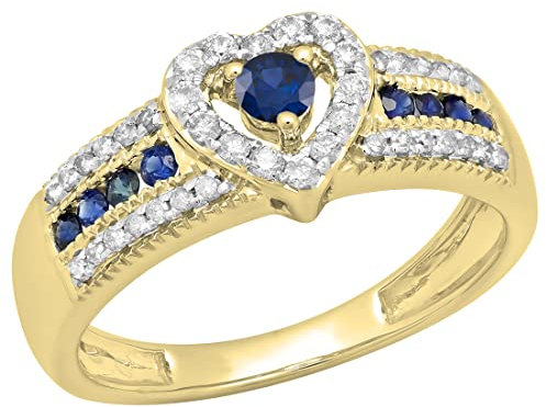 DazzlingRock Collection Damen 14K Gold Runder Blauer Saphir & Weiss Diamant Brautherzförmige Verlobungsring 7