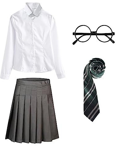 FStory&Winyee Zauberer Set Bluse Rock Weste Krawatte Brille Kostüm Zubehör für Kinder Erwachsene Zubehör Set Striped Tie Gestreifte Krawatte zum Karneval Fasching Halloween,Weiblich-grün,135