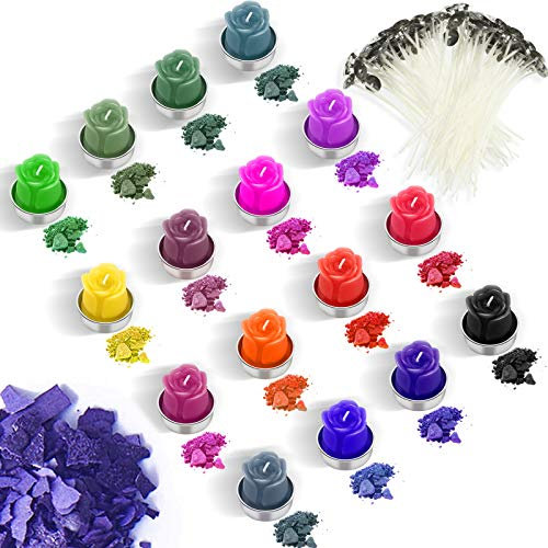 BBTO 16 Farbe Kerze Wachs Farbstoff Kerze Färbemittel Flocken Kerze Herstellung Farbe Farbstoff mit 100 Stücke Kerze Dochte for DIY Kerze Herstellung Zubehör