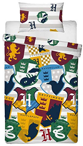Character World Harry Potter Bettbezug, offizielles Lizenzprodukt, wendbar, zweiseitig, Hausaufkleber, Design mit passendem Kissenbezug, Polyester, grau (Einzelbett)