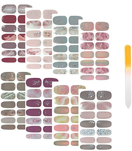 SIUSIO 112Stück 8 Sheets Voll Nail Wraps Nagellack Aufkleber Steigungs-Funkeln-Nagel-Kleber DIY Nagel-Kunst-Aufkleber mit 1PCS Kristallglas-Nagelfeilen für Frauen Mädchen