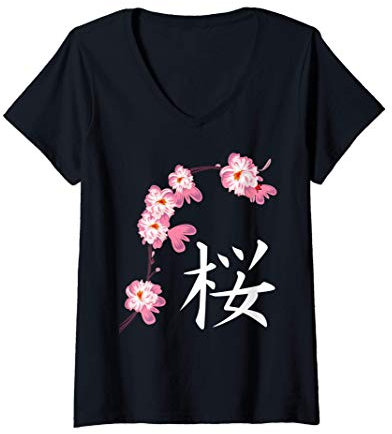 Femme Festival de Sakura : les cerisiers en fleurs kanji japonais T-Shirt avec Col en V