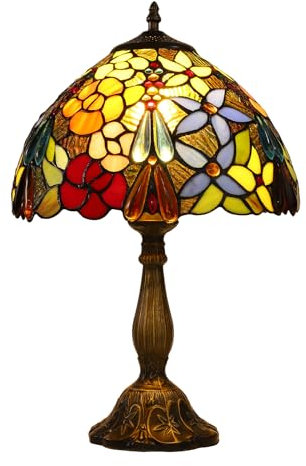 FUMAT Lámpara Tiffany, Lámpara de mesa retro vintage, con enchufe e interruptor de la UE, coloreado pantalla de vidrio, perfecta para una mesilla de noche o un escritorio